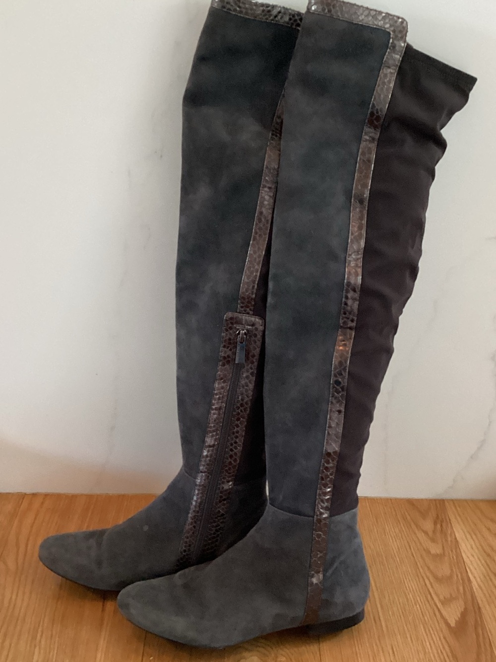 Vince Camuto Charcoal Gray Over-the-Knee Suede Boots with Snake-Trim